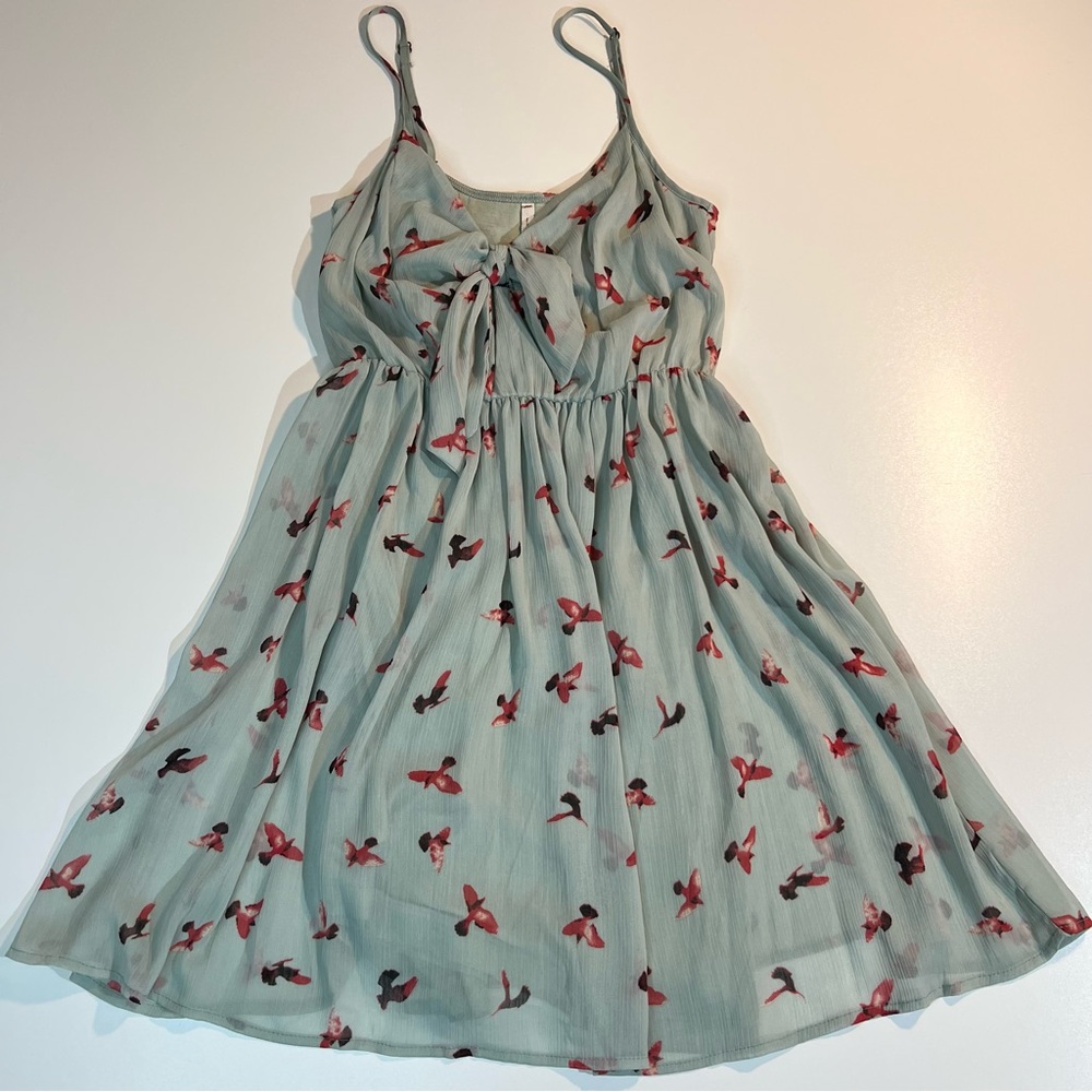 Cottagecore Willow & Clay Light Green Dress W/ Novelty Print Bright Pink Birds